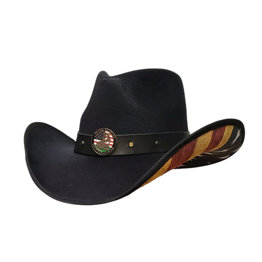 Don't Tread On Me American flag cowboy hat in black felt – patriotic Western hat with bold style, perfect for rodeo riders, ranchers, and country lovers