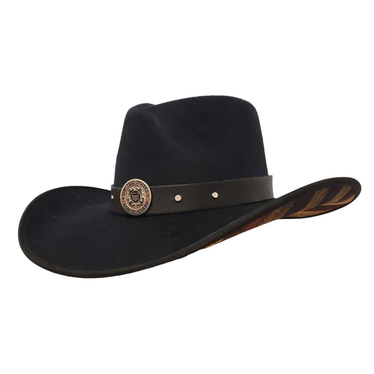 Coast Guard Heroes black cotton poly felt cowboy hat with an American flag design and classic Western look