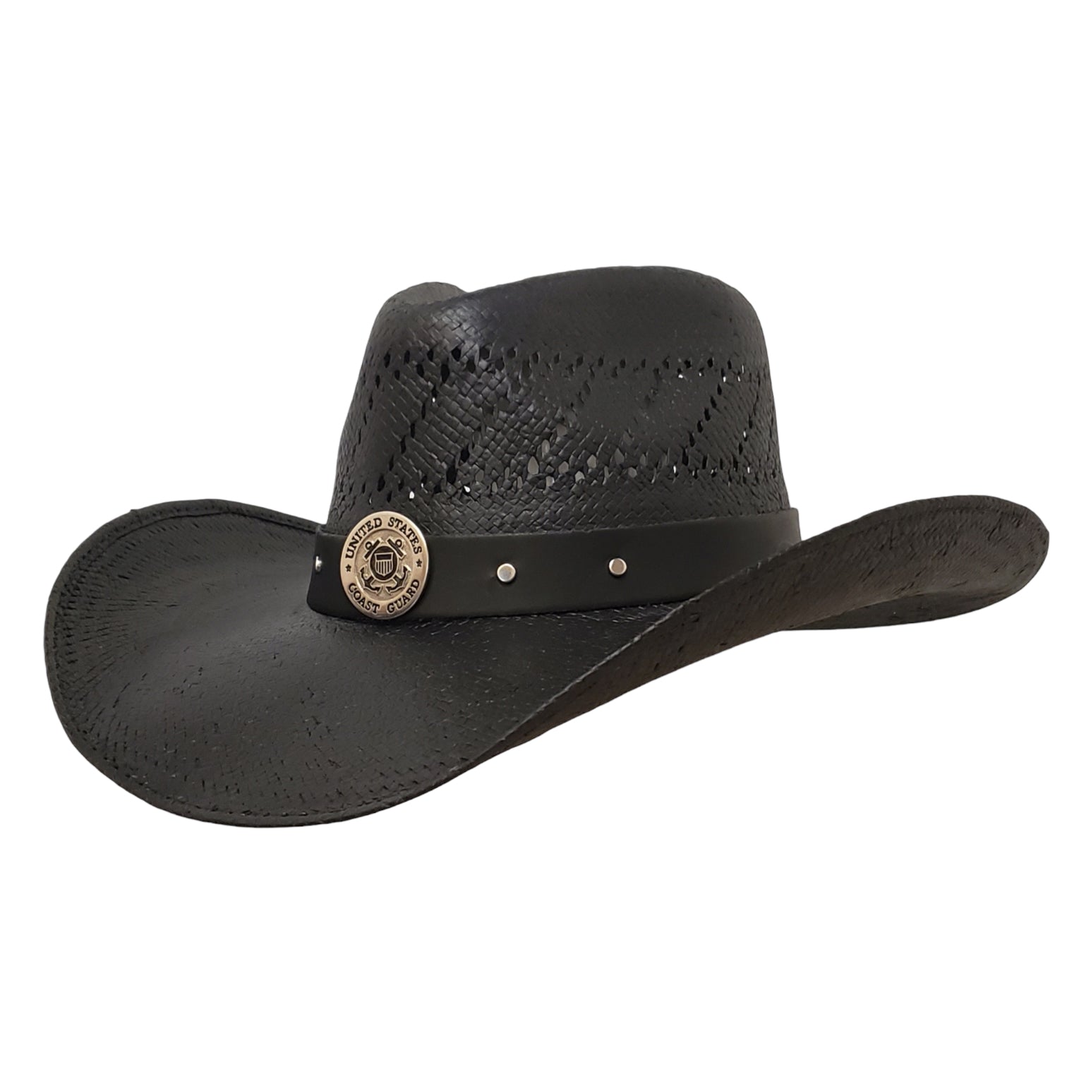 Coast Guard Heroes Black Straw Cowboy Hat – Patriotic Western Hat for Coast Guard Supporters | Durable Black Straw Hat with American Flag Design