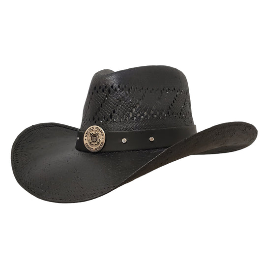 Coast Guard Heroes Black Straw Cowboy Hat – Patriotic Western Hat for Coast Guard Supporters | Durable Black Straw Hat with American Flag Design
