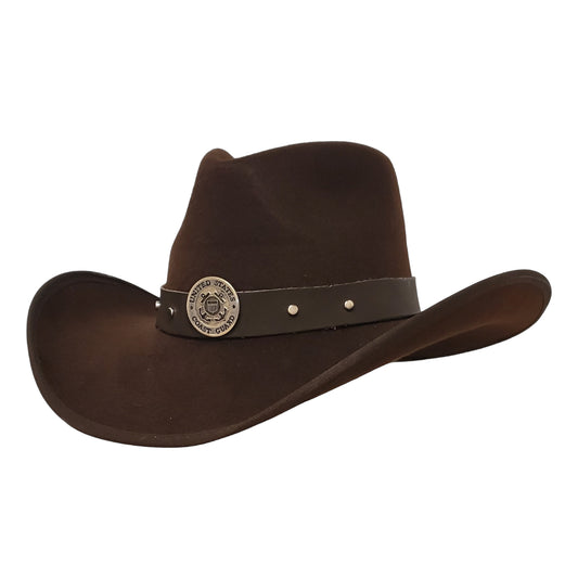 Coast Guard Heroes Brown Cotton Poly Felt Cowboy Hat – Patriotic Western Hat for Coast Guard Supporters | Durable Brown Felt Hat with American Flag Design