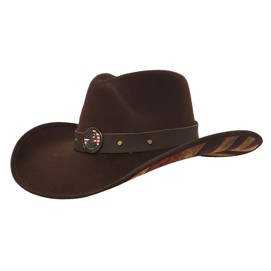 Don't Tread On Me American flag cowboy hat in brown felt – patriotic Western hat with a bold statement, perfect for rodeo riders, ranchers, and country lovers