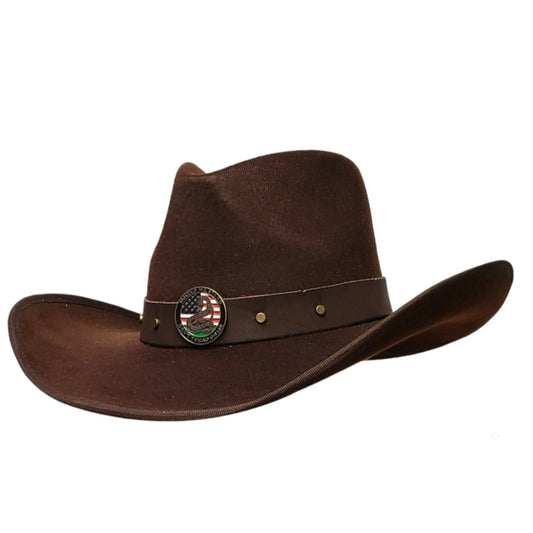 Don't Tread On Me brown felt cowboy hat – classic Western hat with a patriotic design, perfect for ranchers, rodeo riders, and country lovers