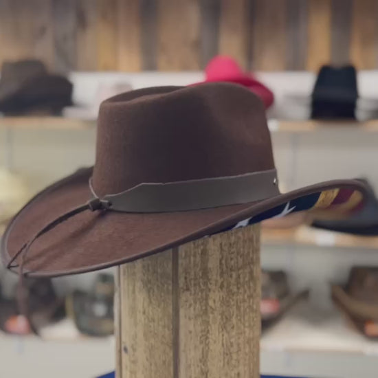 Coast-Brown cotton poly felt Western hat with an American flag accent, honoring Coast Guard heroes-Heroes