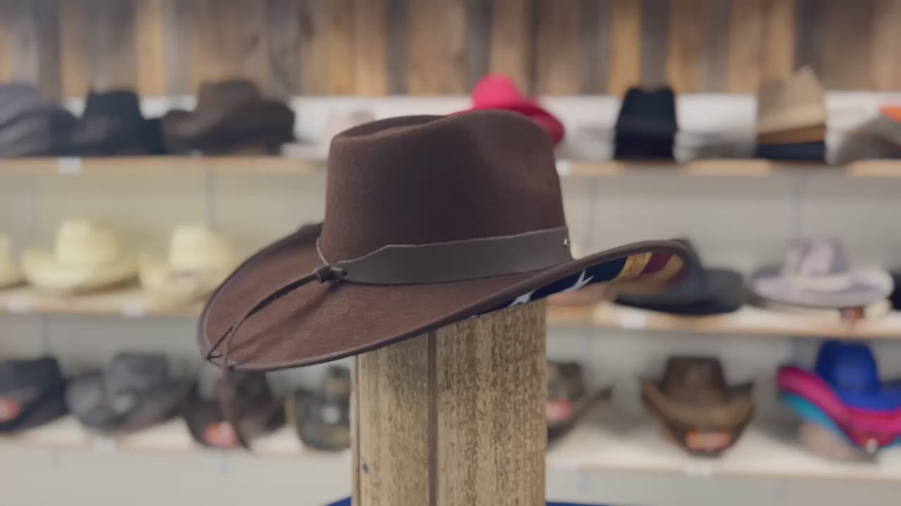 Coast-Brown cotton poly felt Western hat with an American flag accent, honoring Coast Guard heroes-Heroes