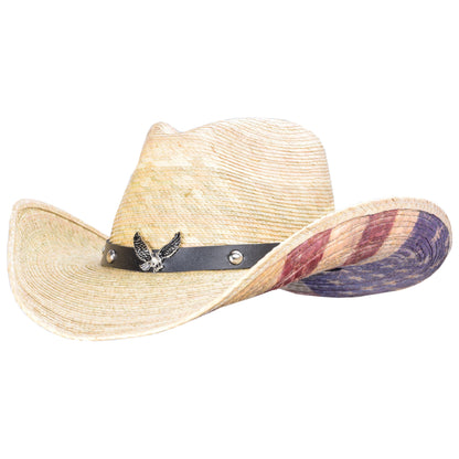 American Ride palm cowboy hat with distressed flag underneath