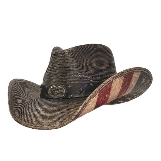 Palm straw cowboy rubbed black with an American Flag printed on the bottom