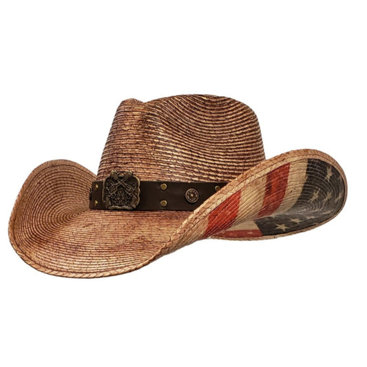 brown palm straw cowboy hat with American Flag
