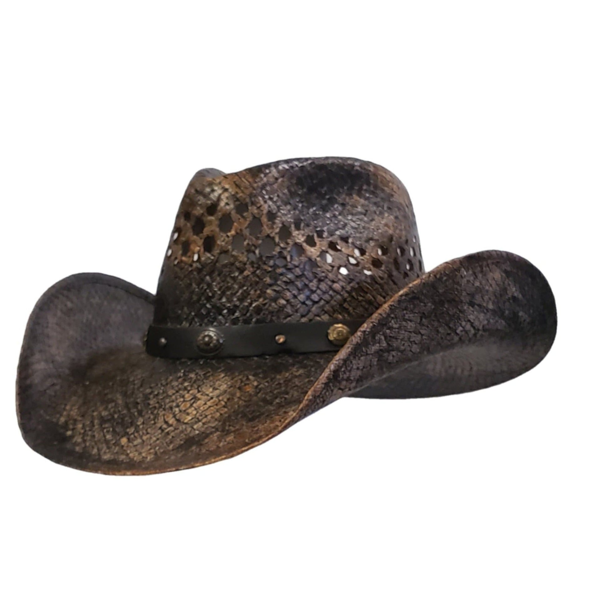 Brown and black vented straw cowboy hat. Gone Country Hats