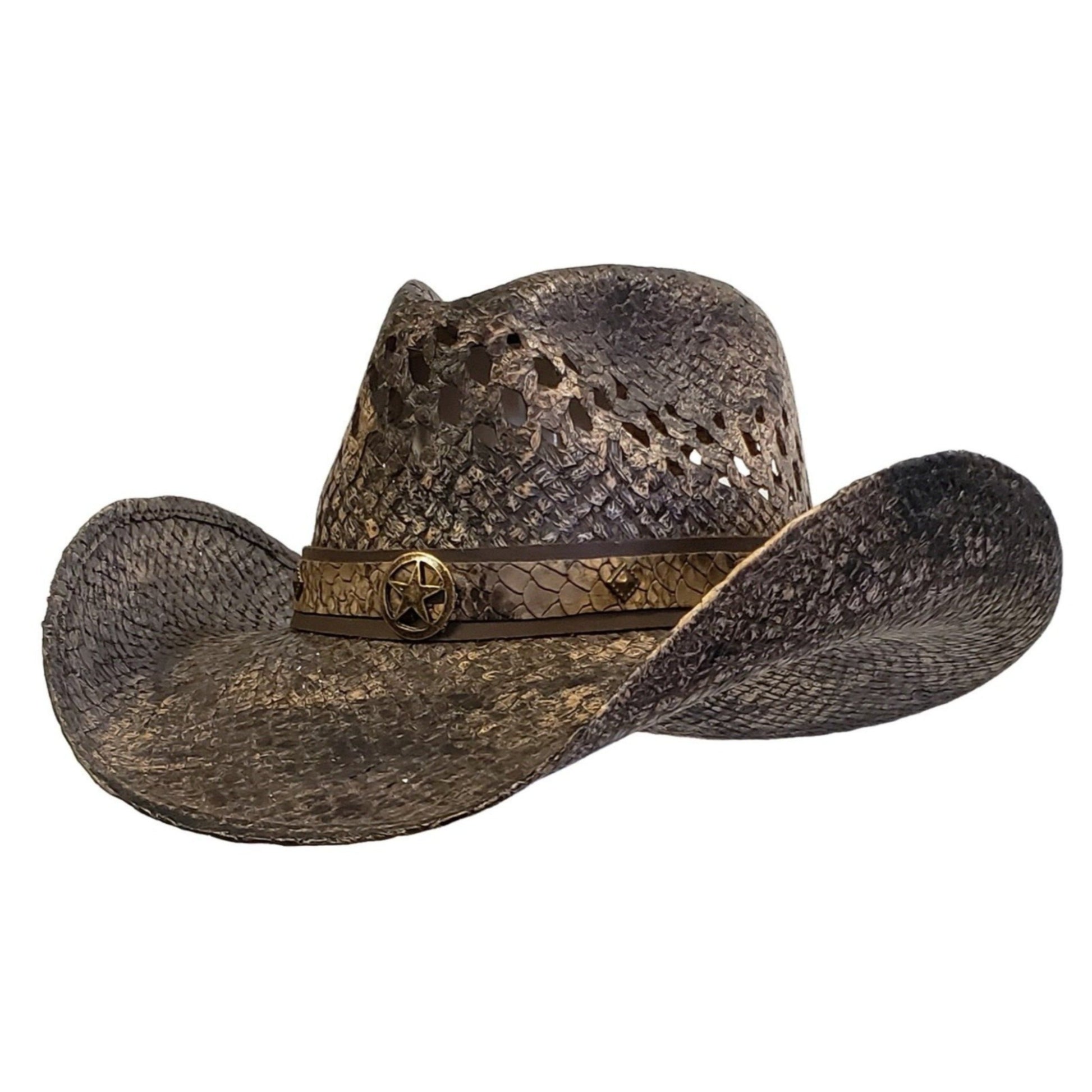Brown straw hat with a star on a snake patterned band