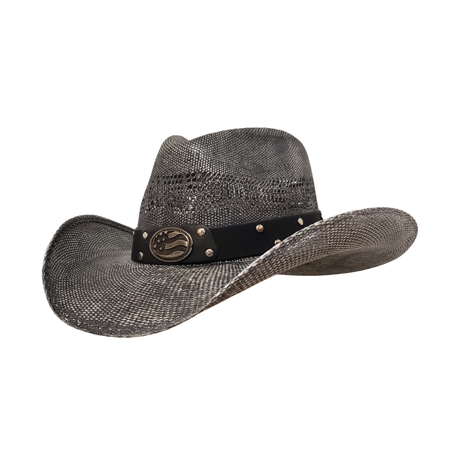 gray western hat, and the gray-toned American flag buckle on the hatband